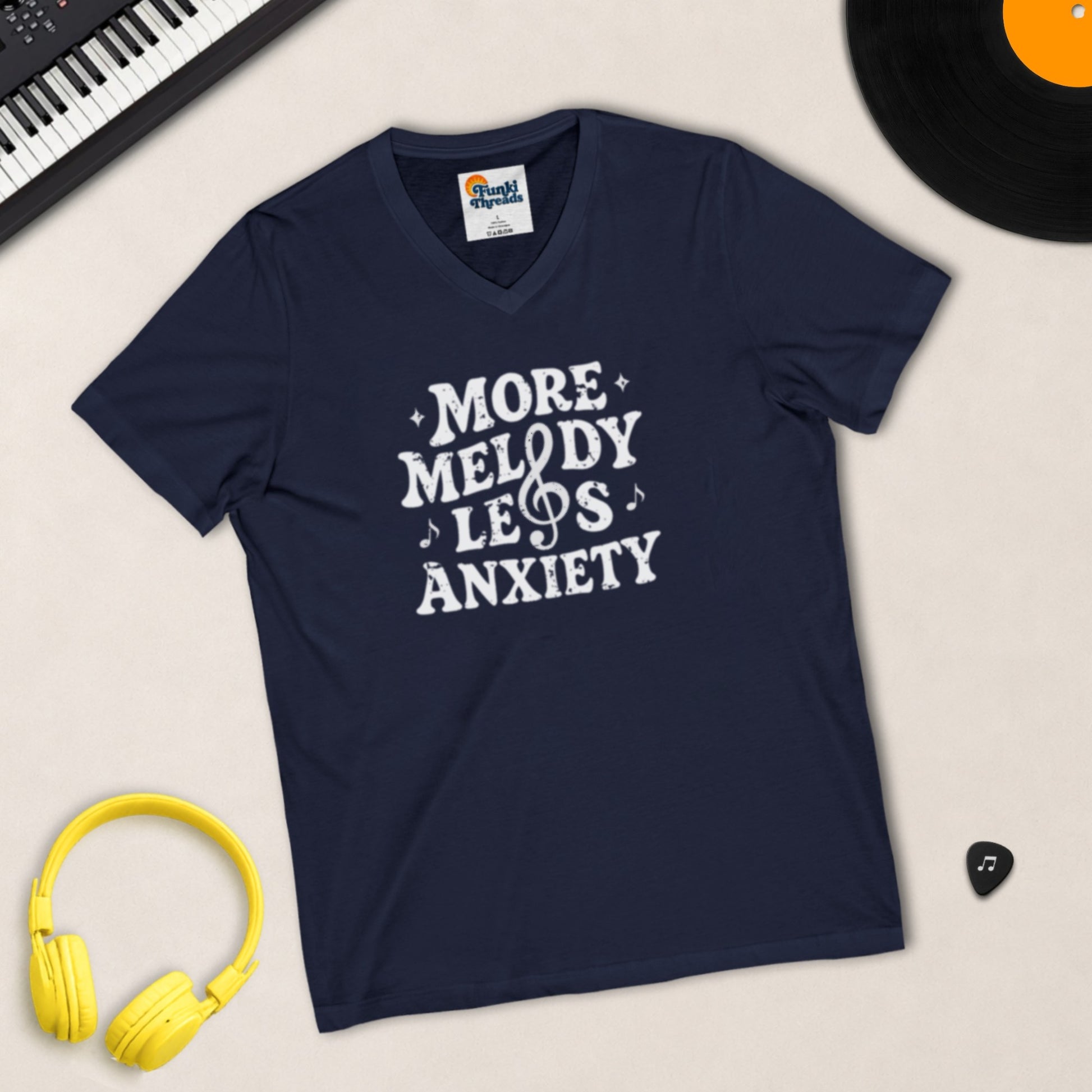 More Melody Less Anxiety V-neck t-shirt in Navy