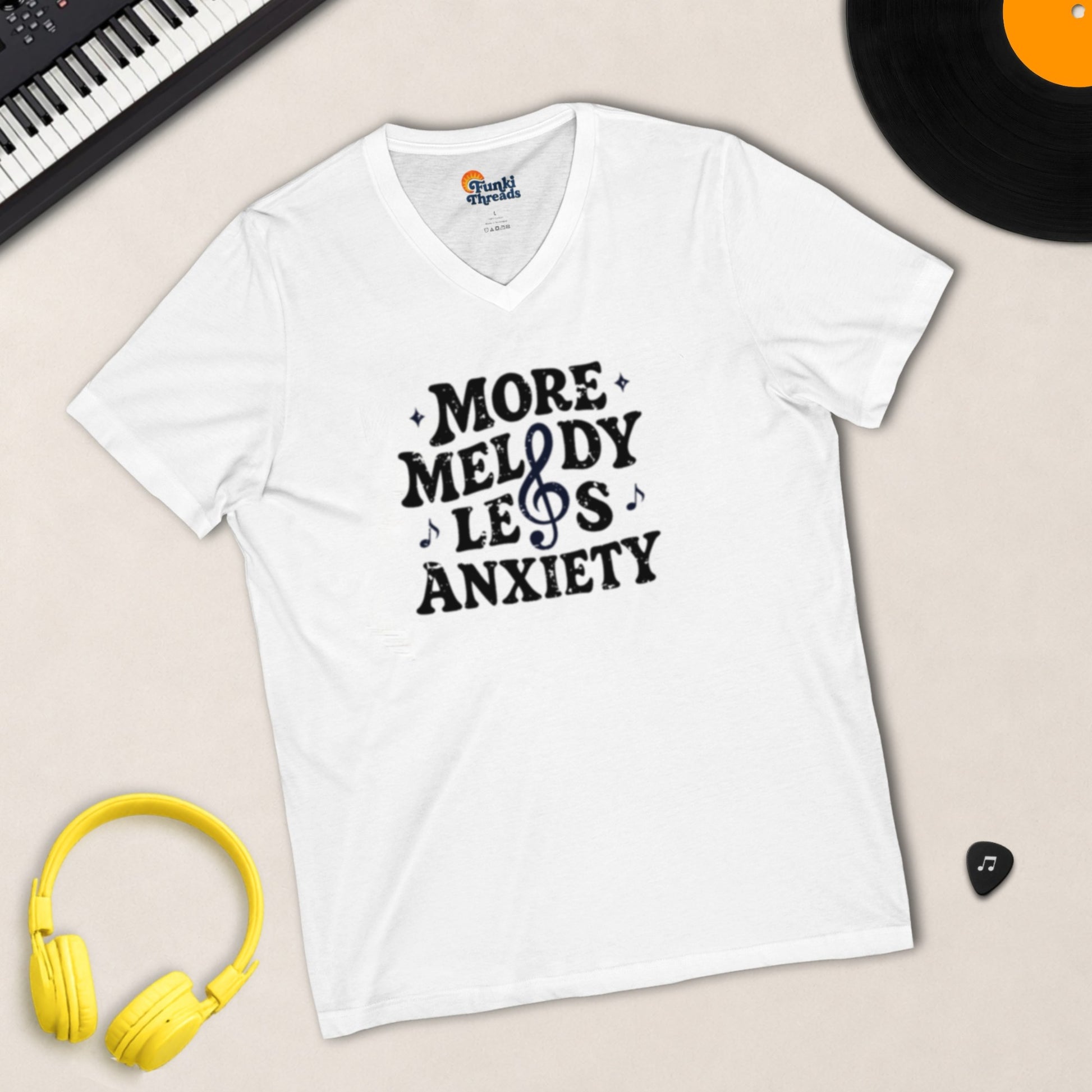 More Melody Less Anxiety V-neck t-shirt in White
