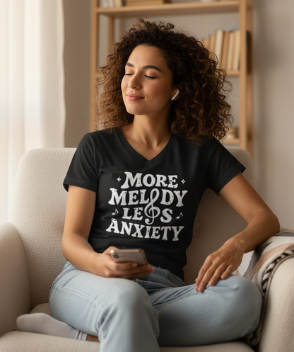 More Melody Less Anxiety V-neck t-shirt design shown on gray background