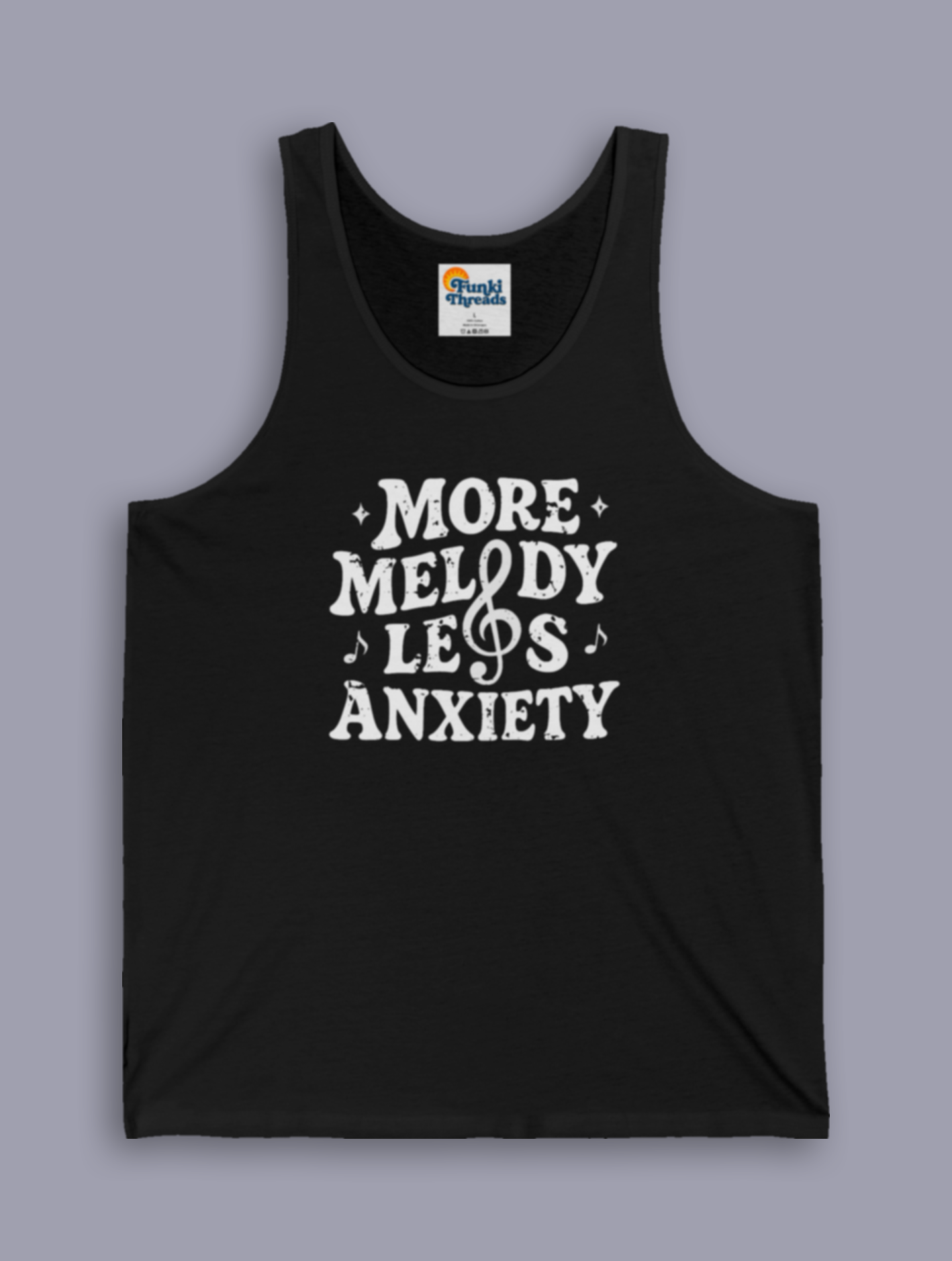 Person wearing the More Melody Less Anxiety mental health music tank top