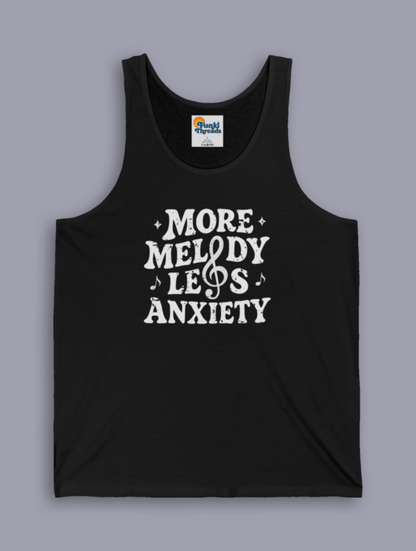 Person wearing the More Melody Less Anxiety mental health music tank top