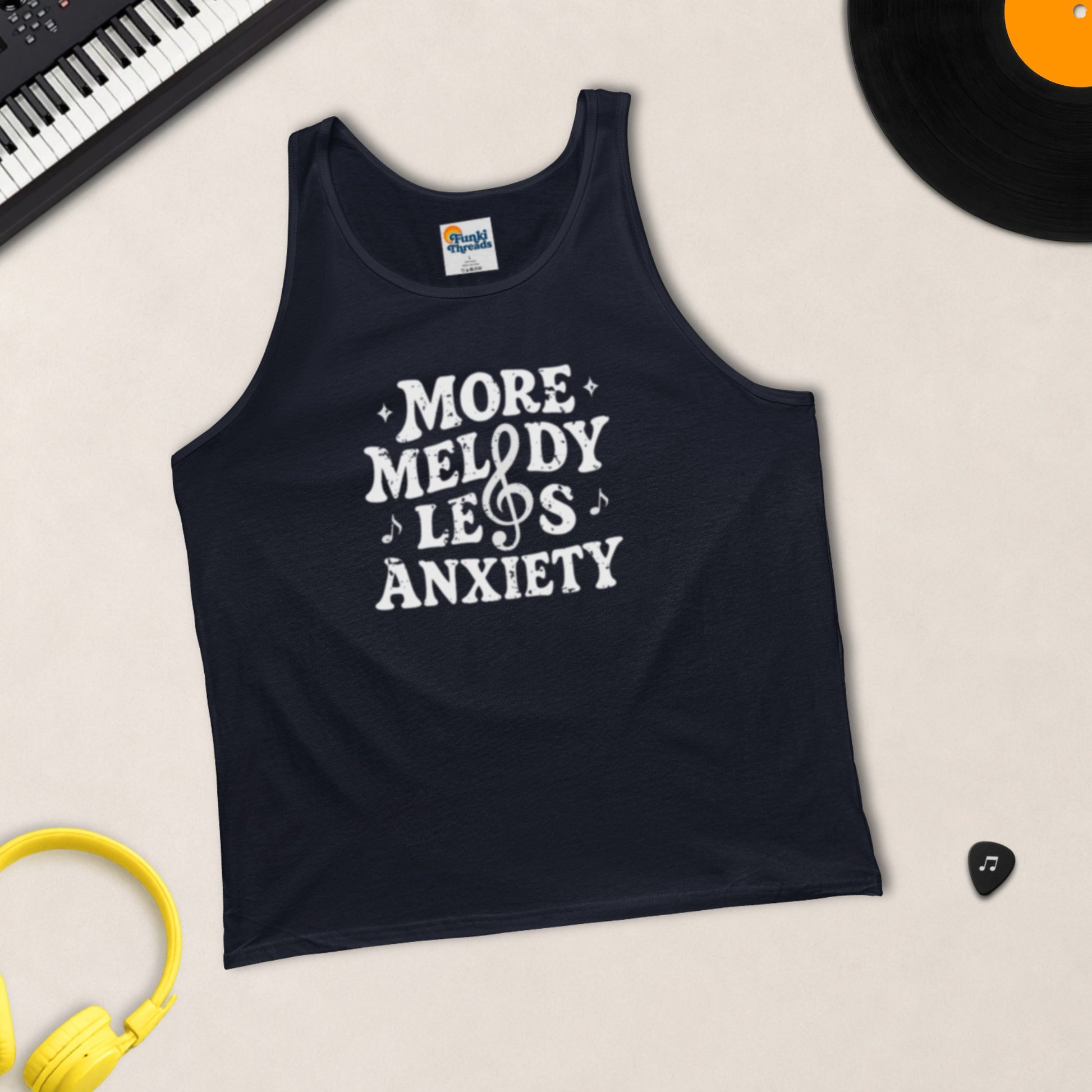 More Melody Less Anxiety tank top in Navy