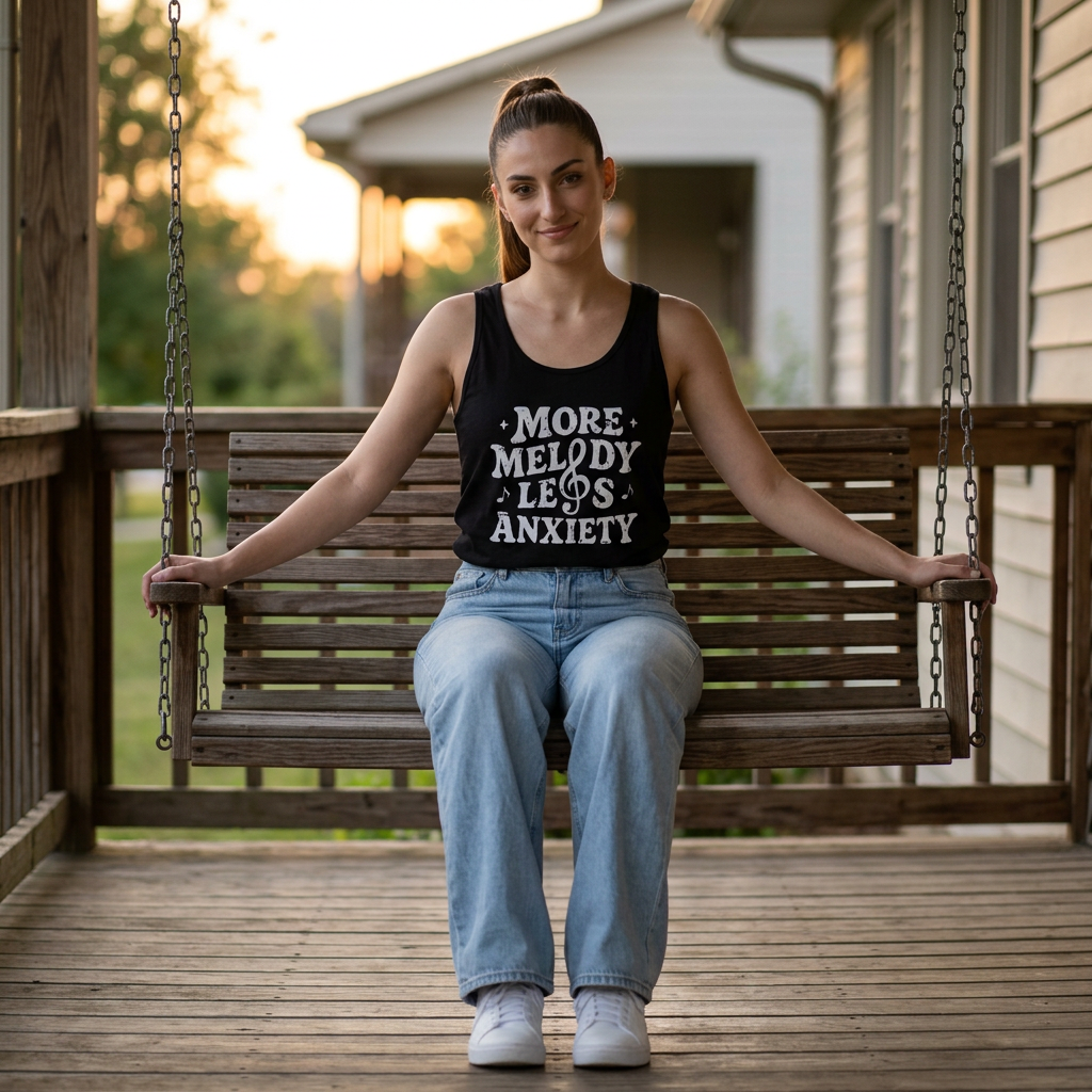 More Melody Less Anxiety tank top design shown on gray background