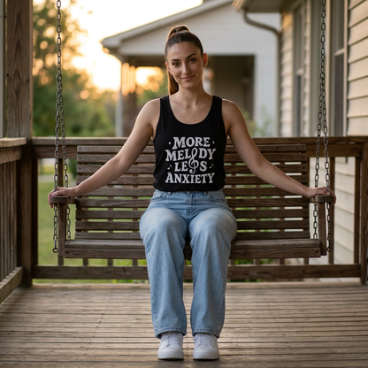 More Melody Less Anxiety tank top design shown on gray background