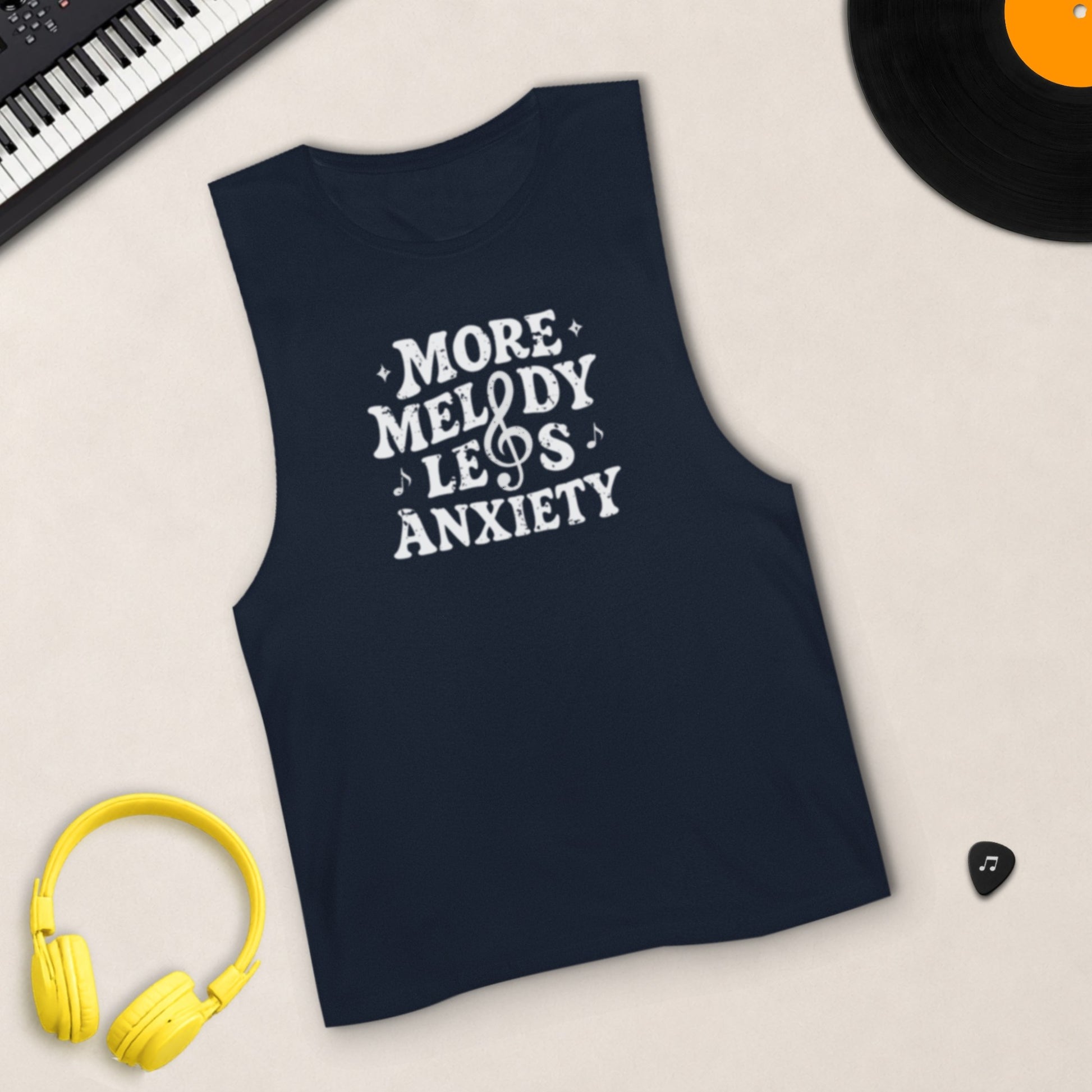 More Melody Less Anxiety sleeveless tank in Navy