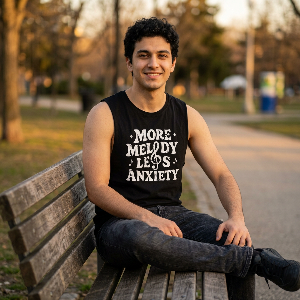 More Melody Less Anxiety sleeveless tank design shown on gray background