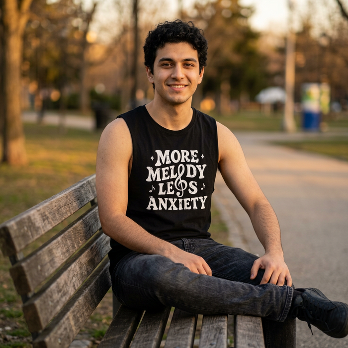 More Melody Less Anxiety sleeveless tank design shown on gray background