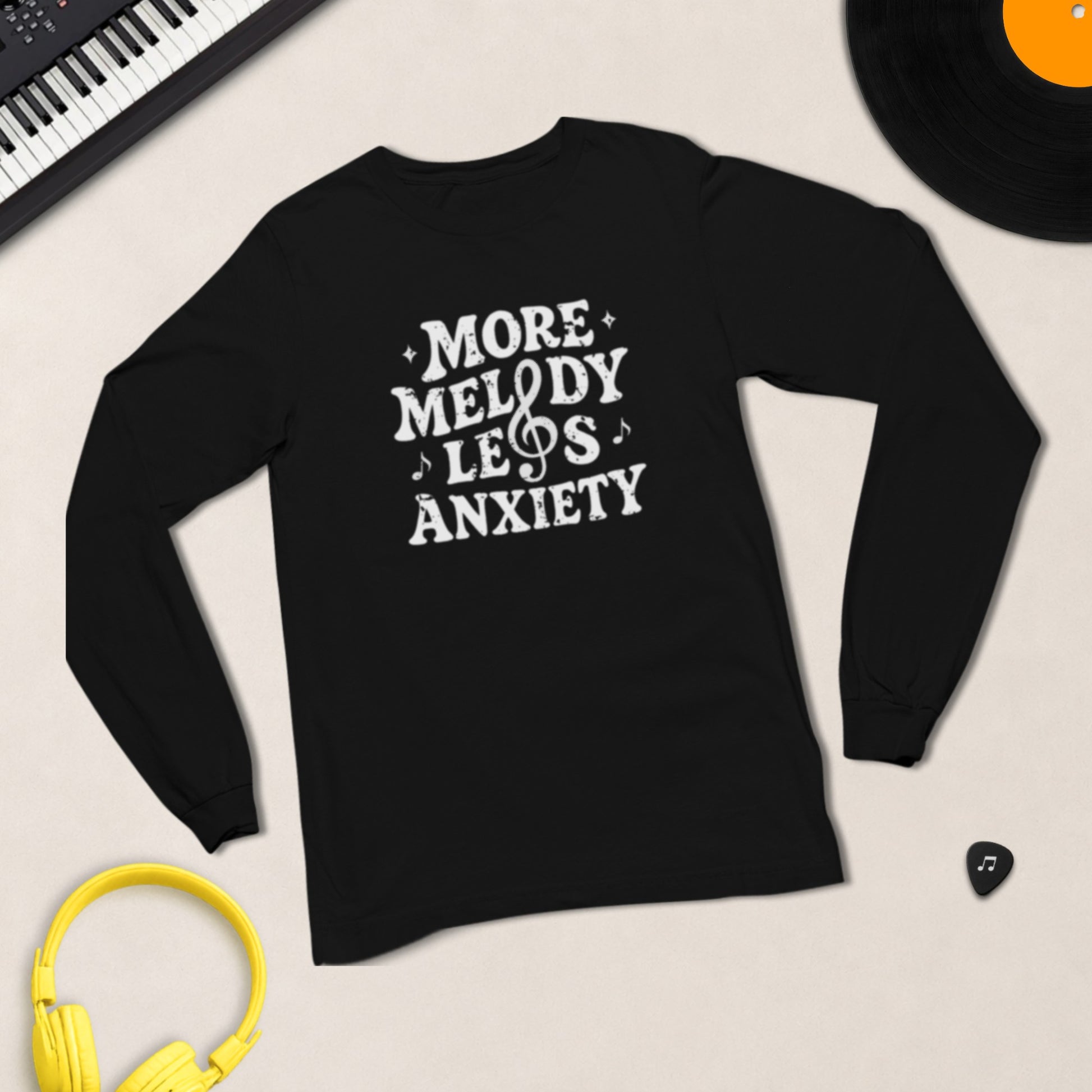 More Melody Less Anxiety long sleeve shirt in Black