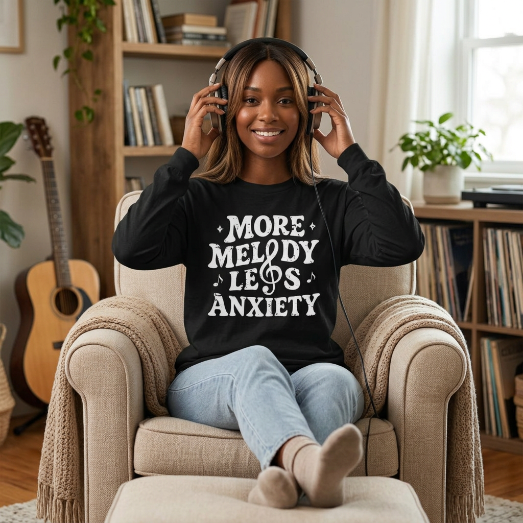 More Melody Less Anxiety long sleeve shirt design shown on gray background