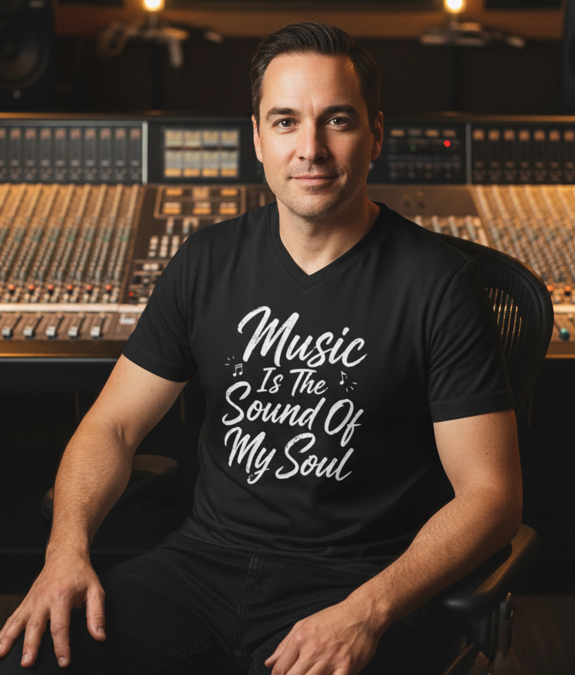 A black V-neck t-shirt with the phrase 'Music Is The Sound Of My Soul' printed in white script across the front, displayed flat against a solid gray background.