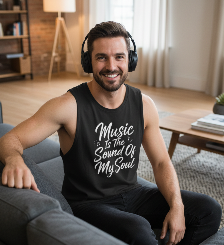 A black sleeveless tank top with white text reading 'Music Is The Sound Of My Soul' on the front, shown against a solid gray background.
