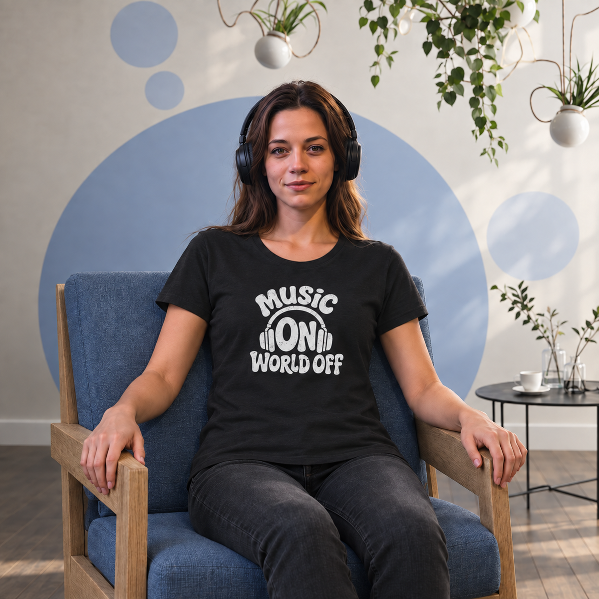 A woman wearing a black graphic t-shirt with the white text 'MUSIC ON! WORLD OFF' sits in a blue armchair. She is wearing black headphones, set against a modern interior background with a light blue circular wall mural and hanging plants.