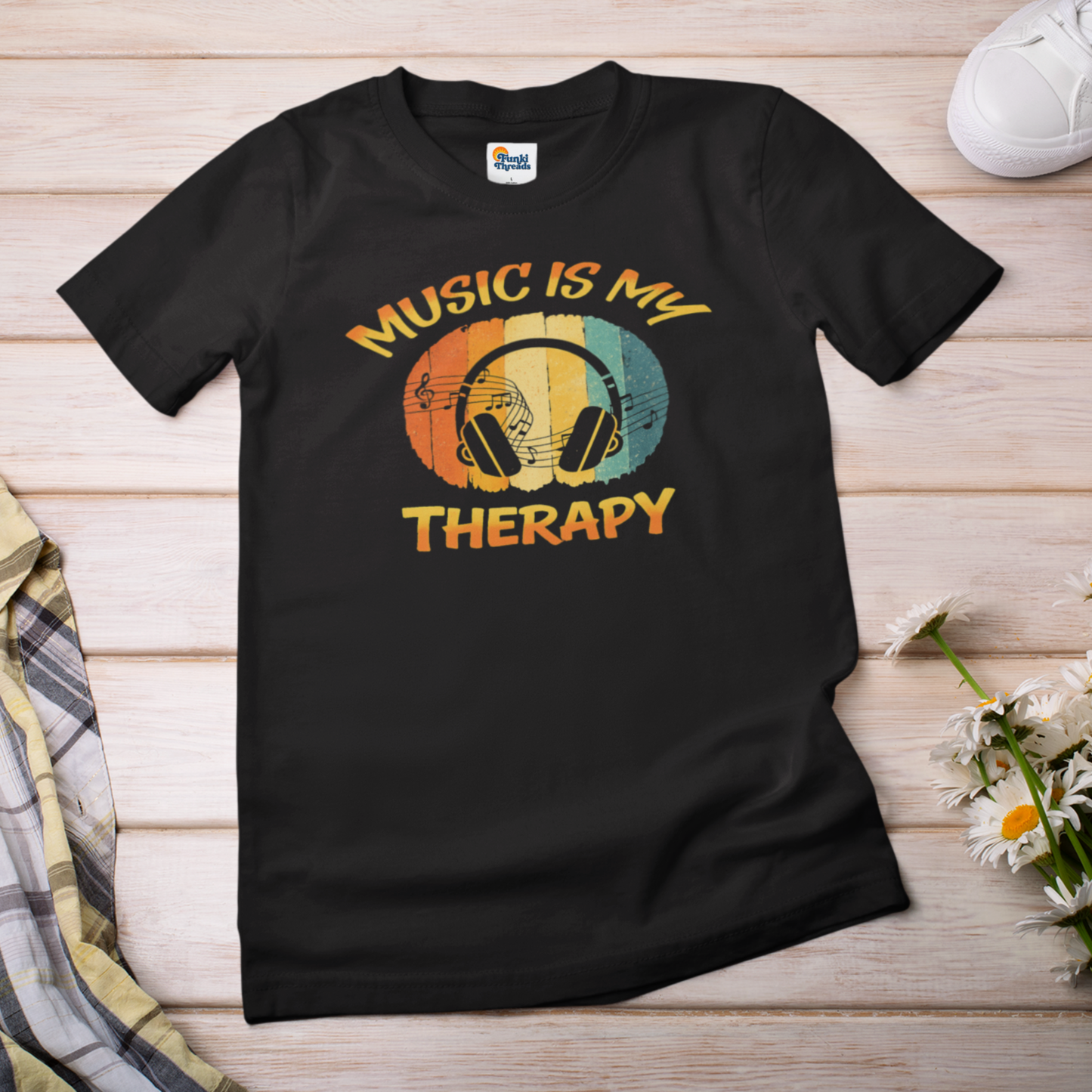 Music Is My Therapy – Retro Sunset Headphones T-Shirt | Vintage Music Lover Tee