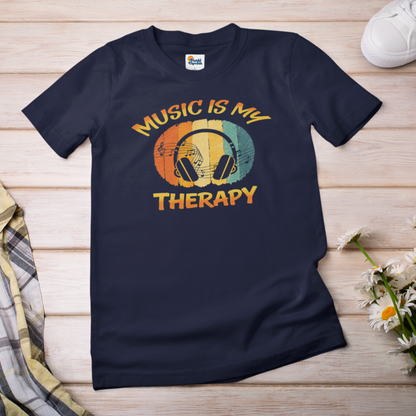 Music Is My Therapy – Retro Sunset Headphones T-Shirt | Vintage Music Lover Tee