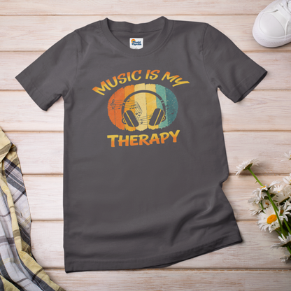 Music Is My Therapy – Retro Sunset Headphones T-Shirt | Vintage Music Lover Tee