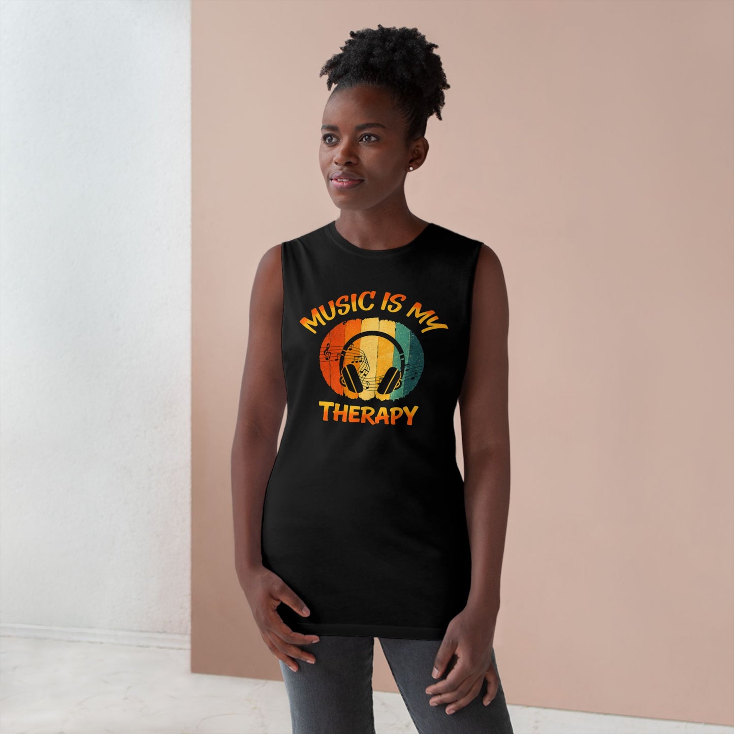 Music Is My Therapy Retro Sunset sleeveless music tank — lifestyle photo