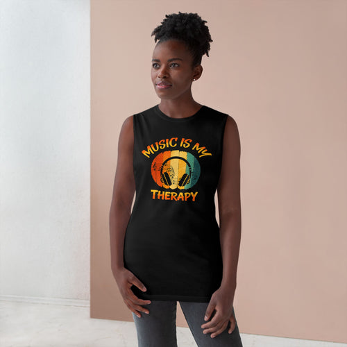 Music Is My Therapy Retro Sunset sleeveless music tank — lifestyle photo