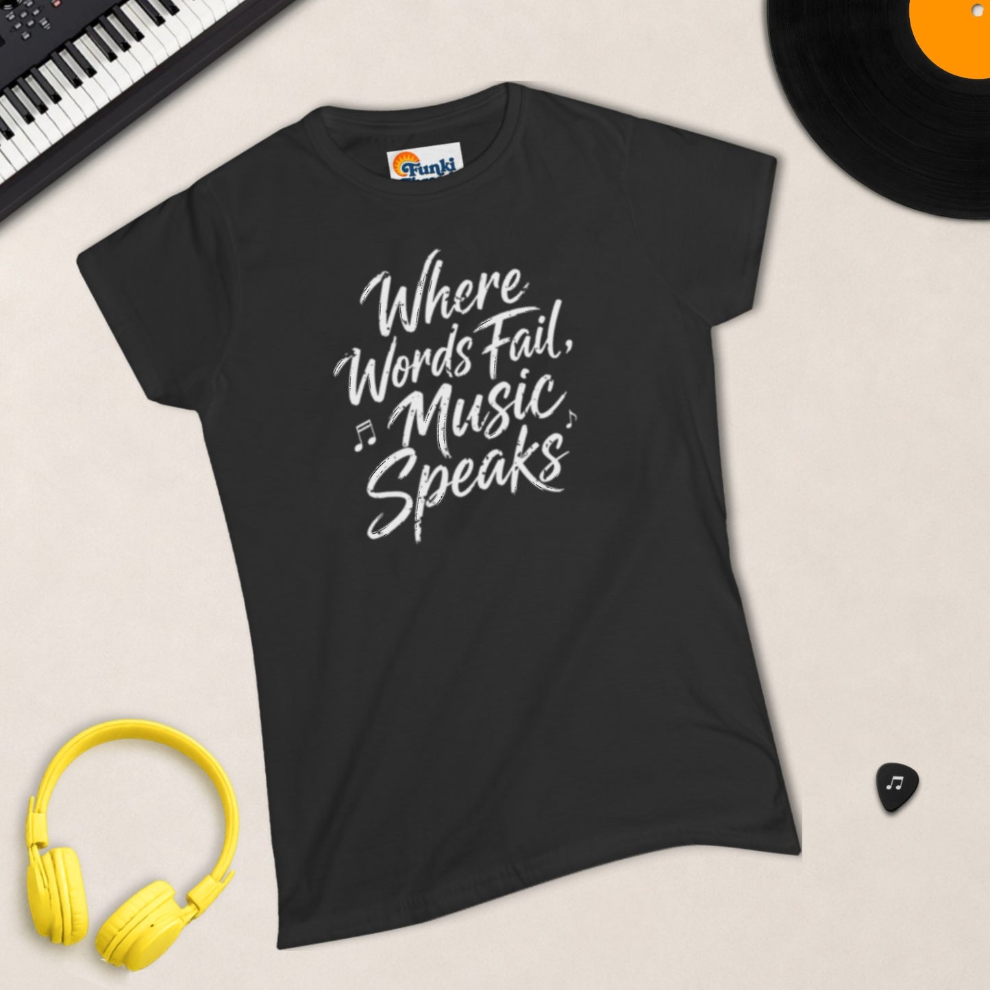 Where Words Fail, Music Speaks women's fitted tee in Black.