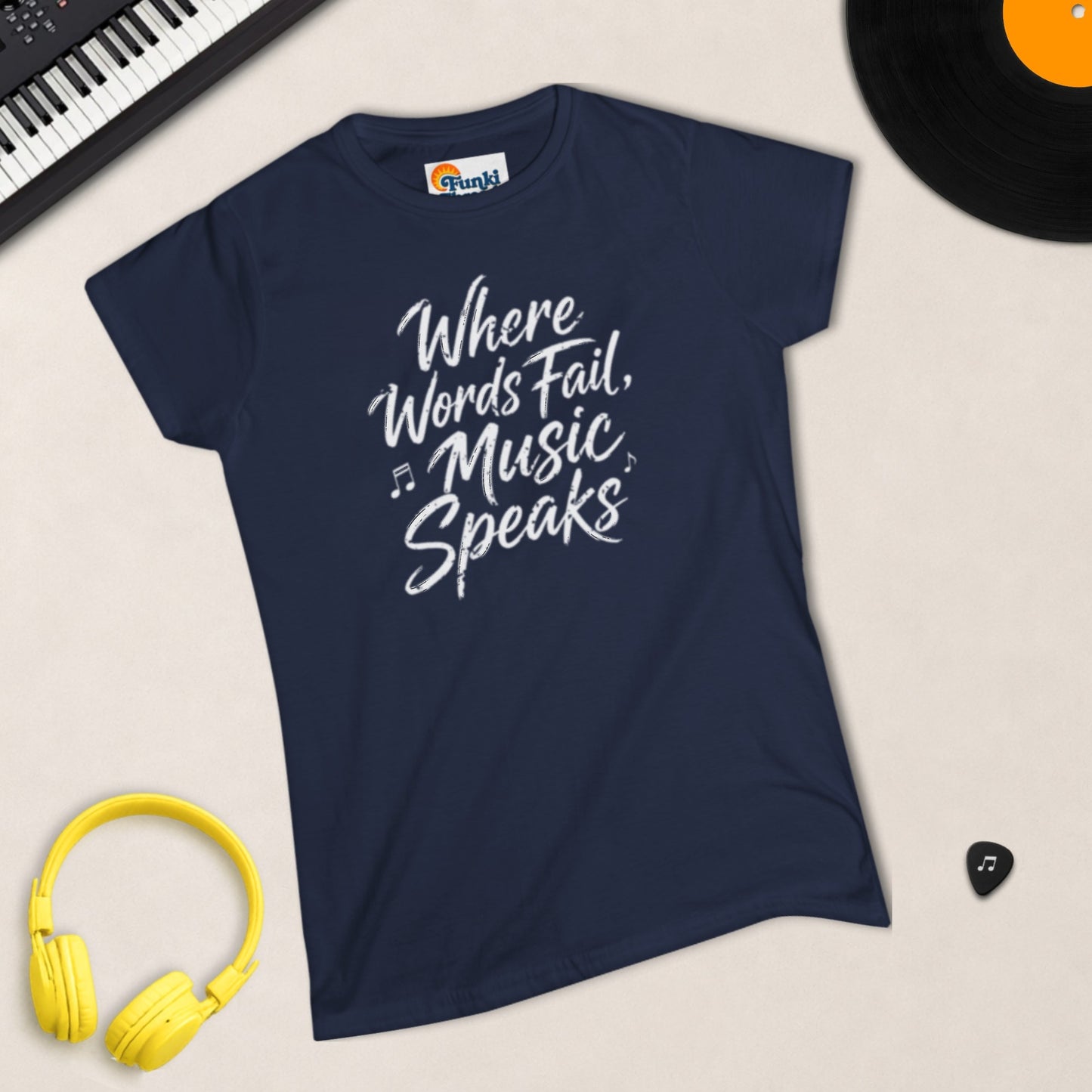 Where Words Fail, Music Speaks women's fitted tee in Navy.