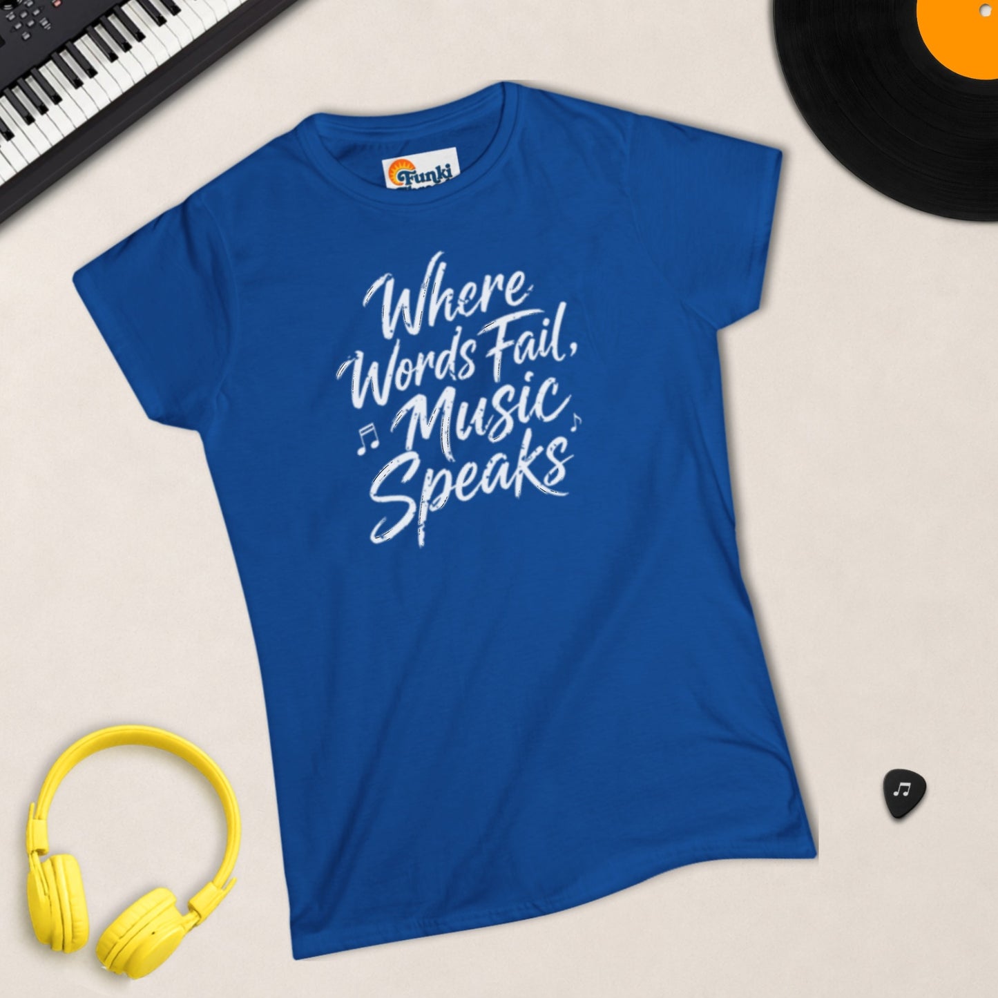 Where Words Fail, Music Speaks women's fitted tee in Royal blue.