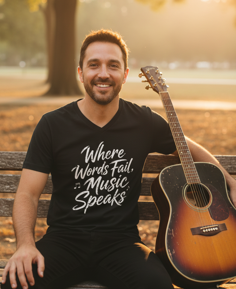A black V-neck t-shirt with the phrase 'Where Words Fail, Music Speaks' printed in white script on the front, displayed against a solid gray background.