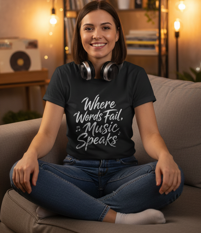 A black short-sleeve t-shirt with a white script graphic reading 'Where Words Fail, Music Speaks' on the front, displayed against a solid gray background.
