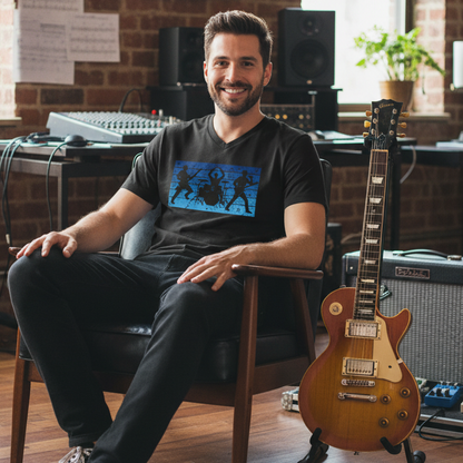 A black V-neck t-shirt with a blue graphic print of three band silhouettes (guitarist, drummer, and bassist) on the chest, displayed against a solid gray background.