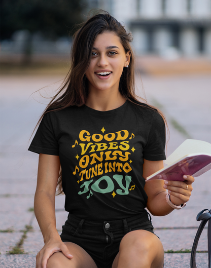 Good Vibes Only T-Shirt – Tune Into Joy Retro Graphic Tee