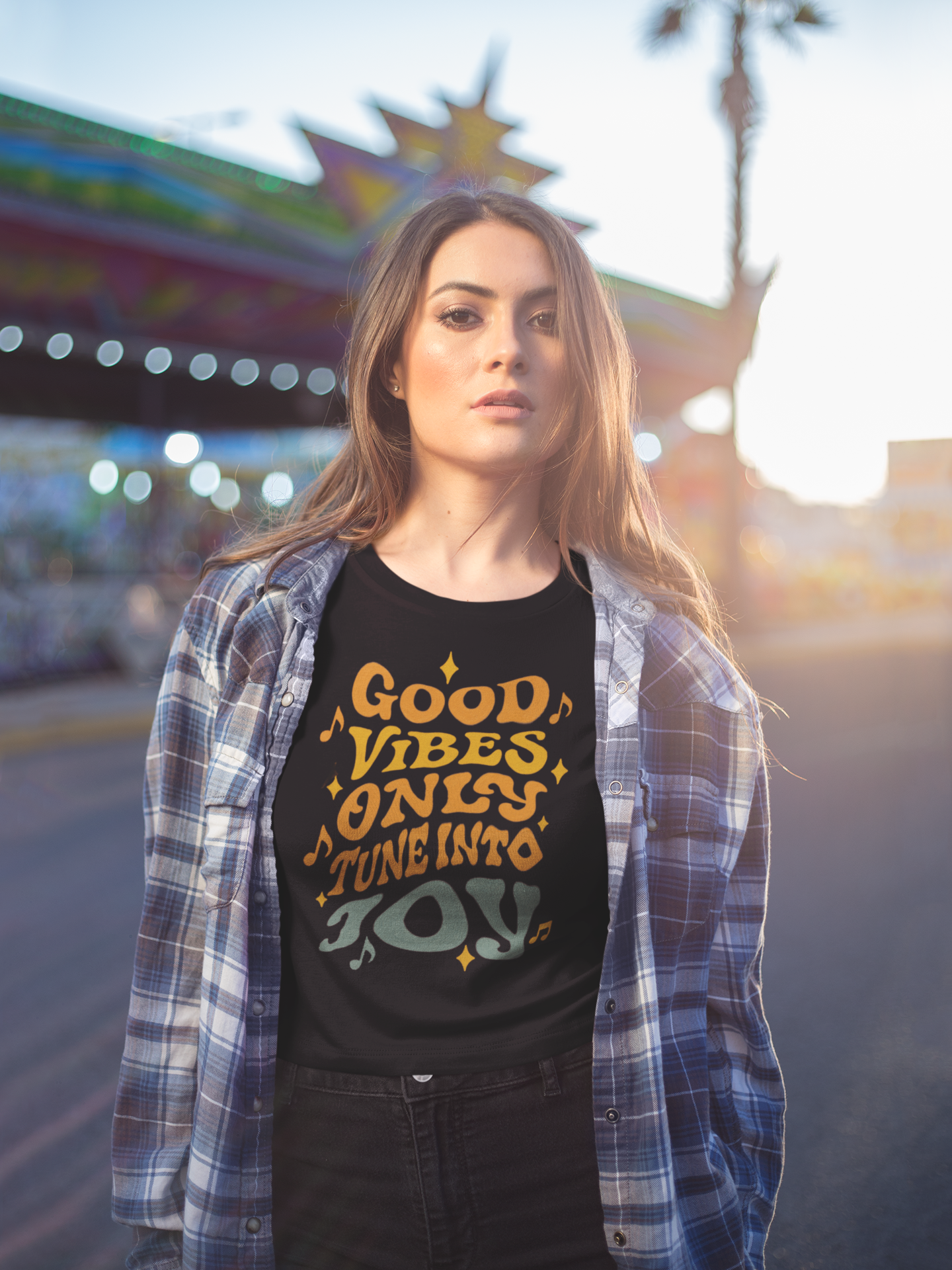 Good Vibes Only T-Shirt – Tune Into Joy Retro Graphic Tee