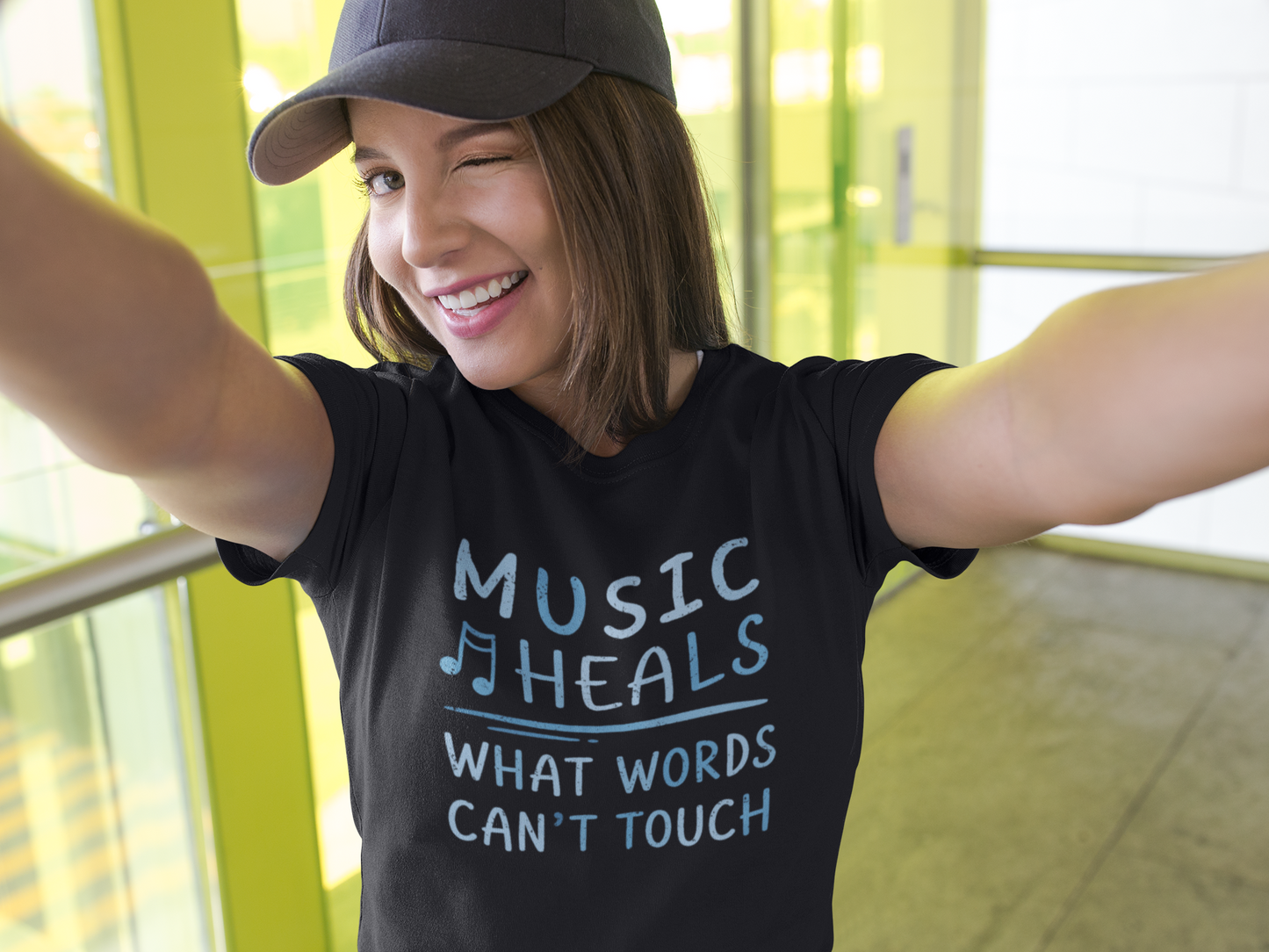 Music Heals What Words Can't Touch – Shady Blue – Women's Fitted Tee