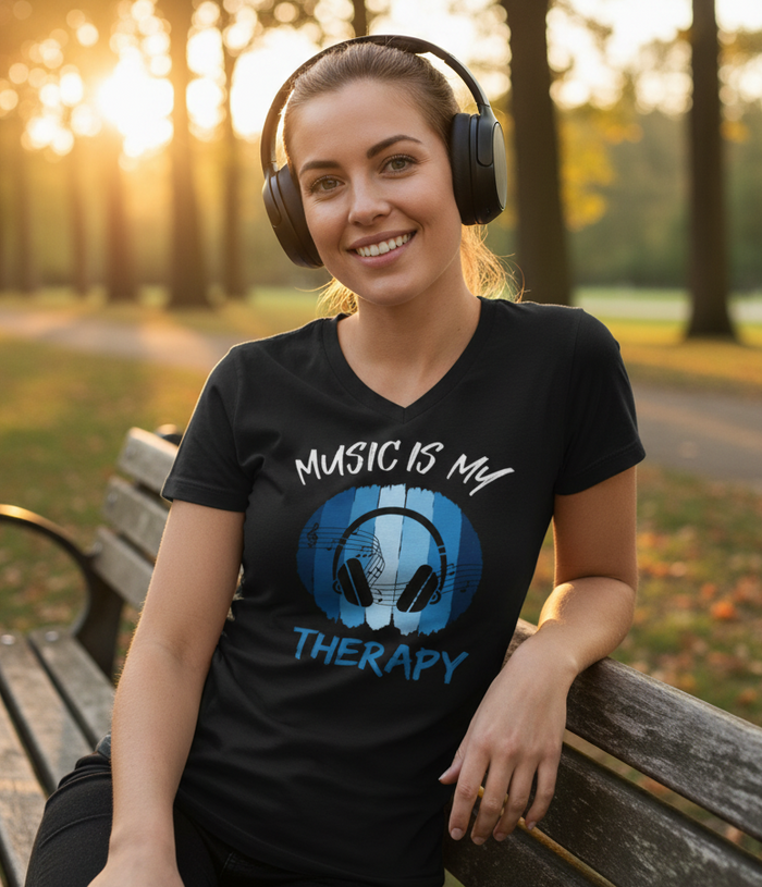 Music Is My Therapy V-Neck – music lover and mental health tee