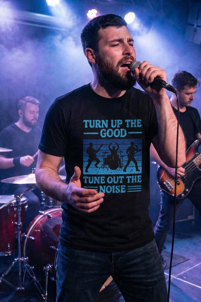 Turn Up the Good, Tune Out the Noise – Rock Band Silhouette Graphic Tee