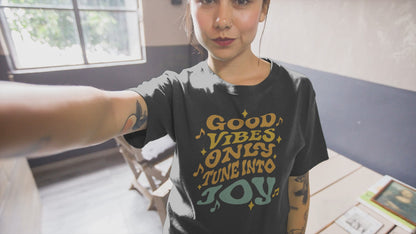 Good Vibes Only T-Shirt – Tune Into Joy Retro Graphic Tee
