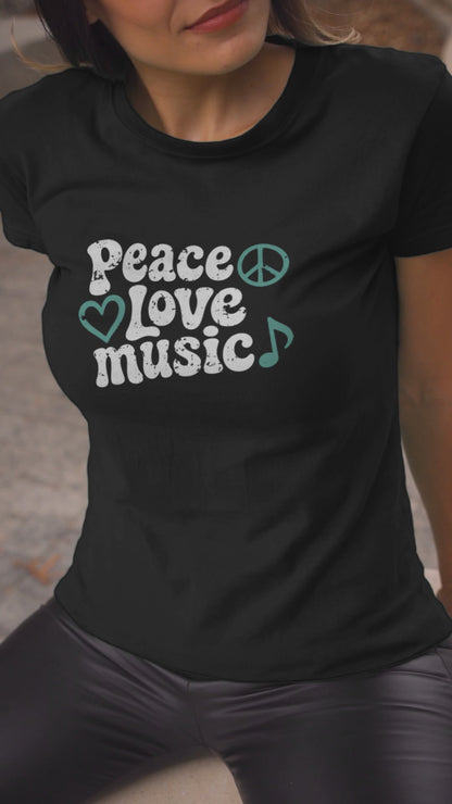 Peace Love Music Women’s Graphic Tee | Retro Music Lover Shirt
