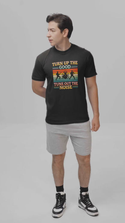 Turn Up the Good, Tune Out the Noise – Retro Rock Band Silhouette T-Shirt