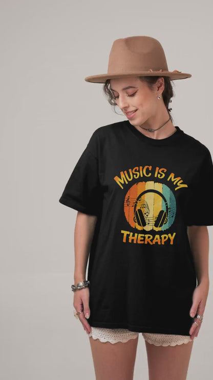 Music Is My Therapy – Retro Sunset Headphones T-Shirt | Vintage Music Lover Tee