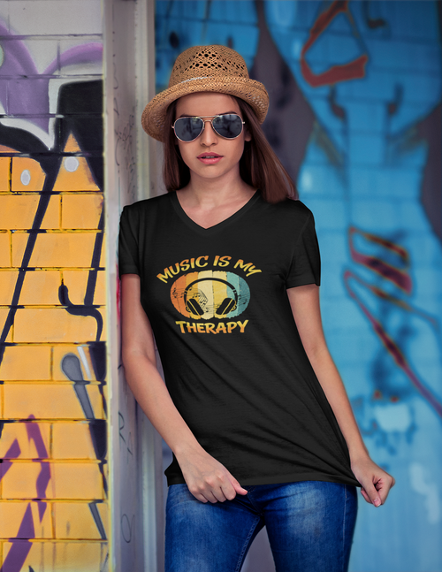 Music Is My Therapy – Retro Sunset – V-Neck