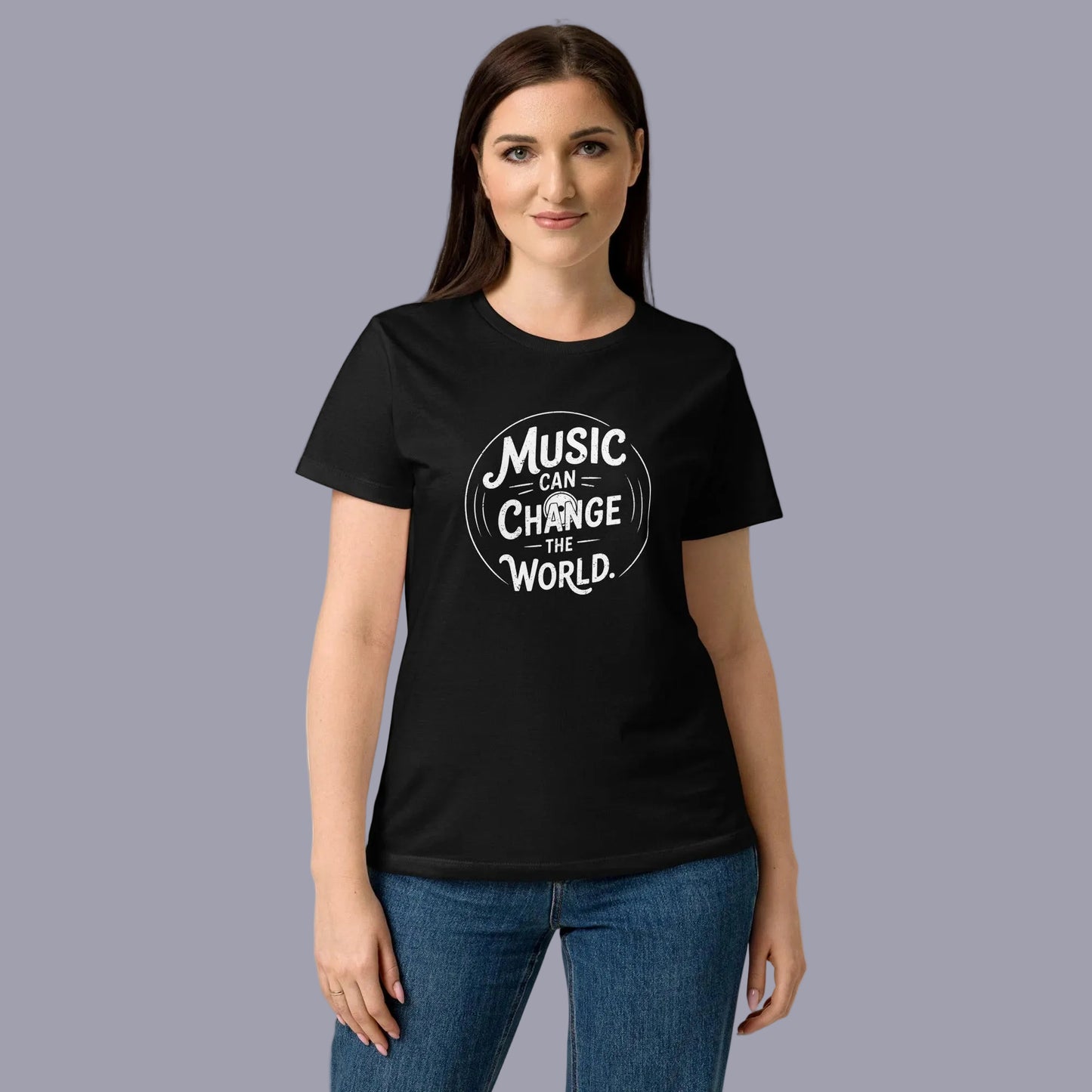 Woman wearing a black t-shirt with 'Music Can Change The World' design